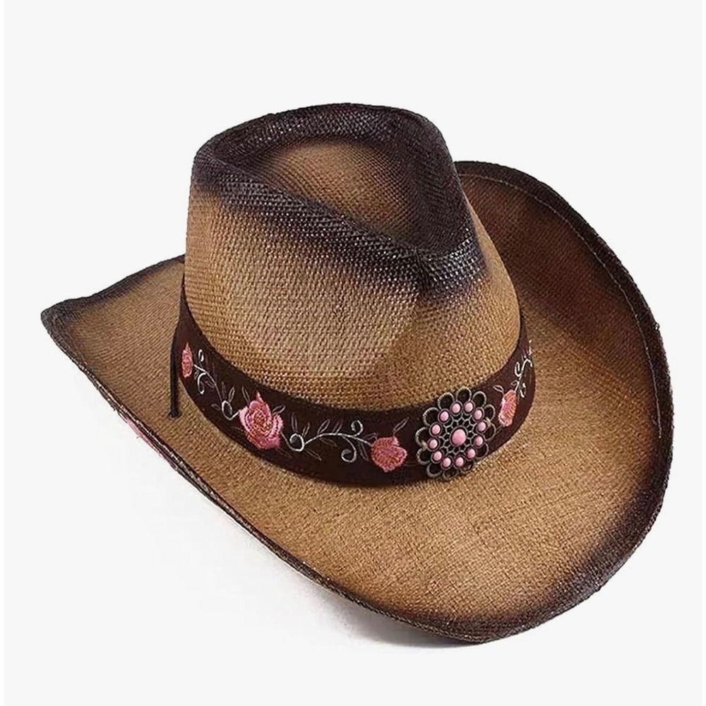 Weimin Babaya vintage-style straw tea-stained woven cowboy hat embrodiered